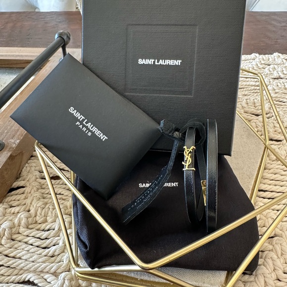 Saint Laurent Cassandre Double Wrap Leather Logo Bracelet- Black/Gold-Medium-NWT - Picture 1 of 2
